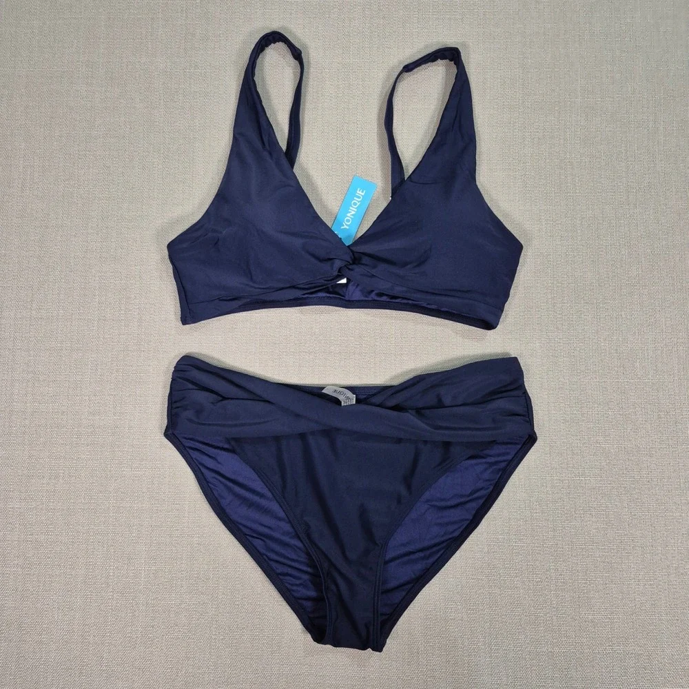 Yonique Women Navy Blue Twist Front High Waisted Bikini Set Two Piece Swimsuit L